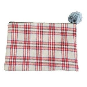 Unbranded Plaid Red Tan Tablet Zipper Pouch w/Pom Pom Zipper Pull 13” x 9”